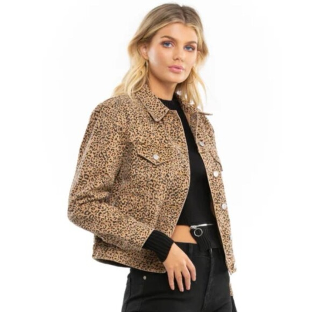 BRUNETTE THE LABEL $140 LINDSAY CHEETAH DENIM JACKET